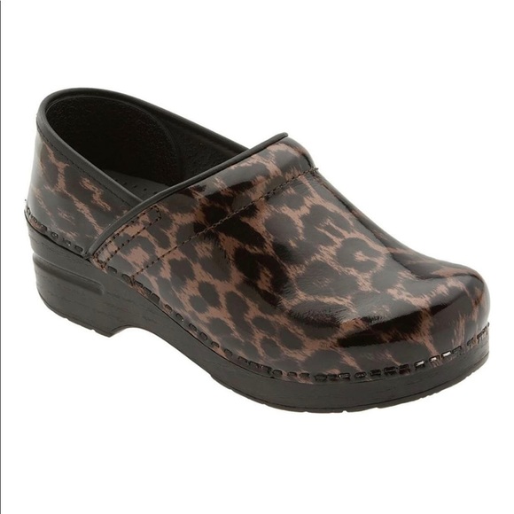 dansko patent leopard clogs